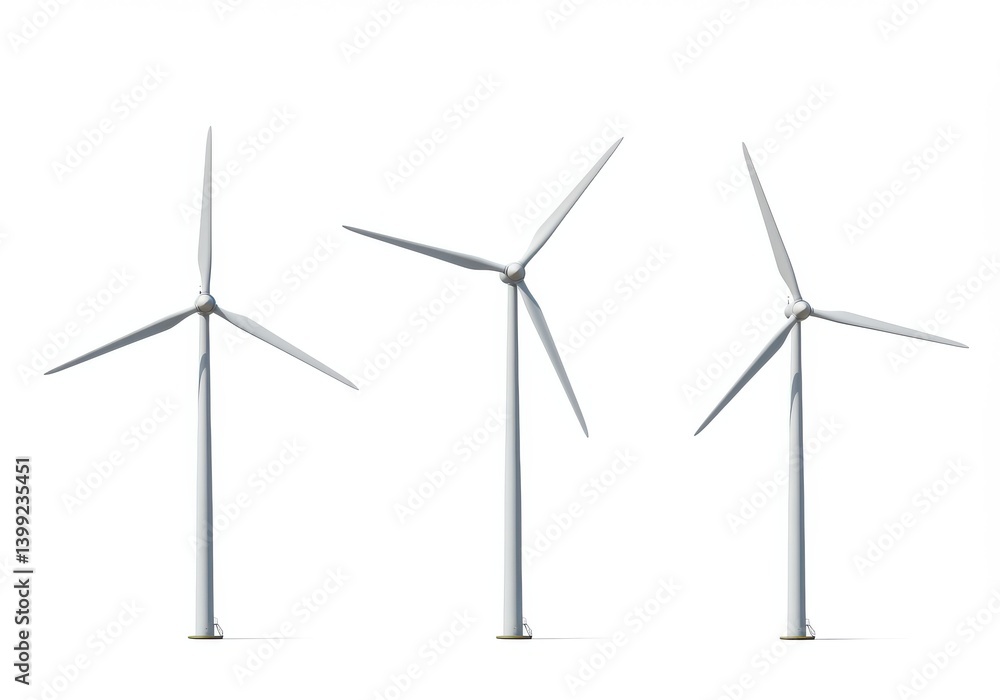 Three wind turbines standing against a white background in a minimalist style digital rendering Three wind turbines standing against a white background in a minimalist style digital rendering