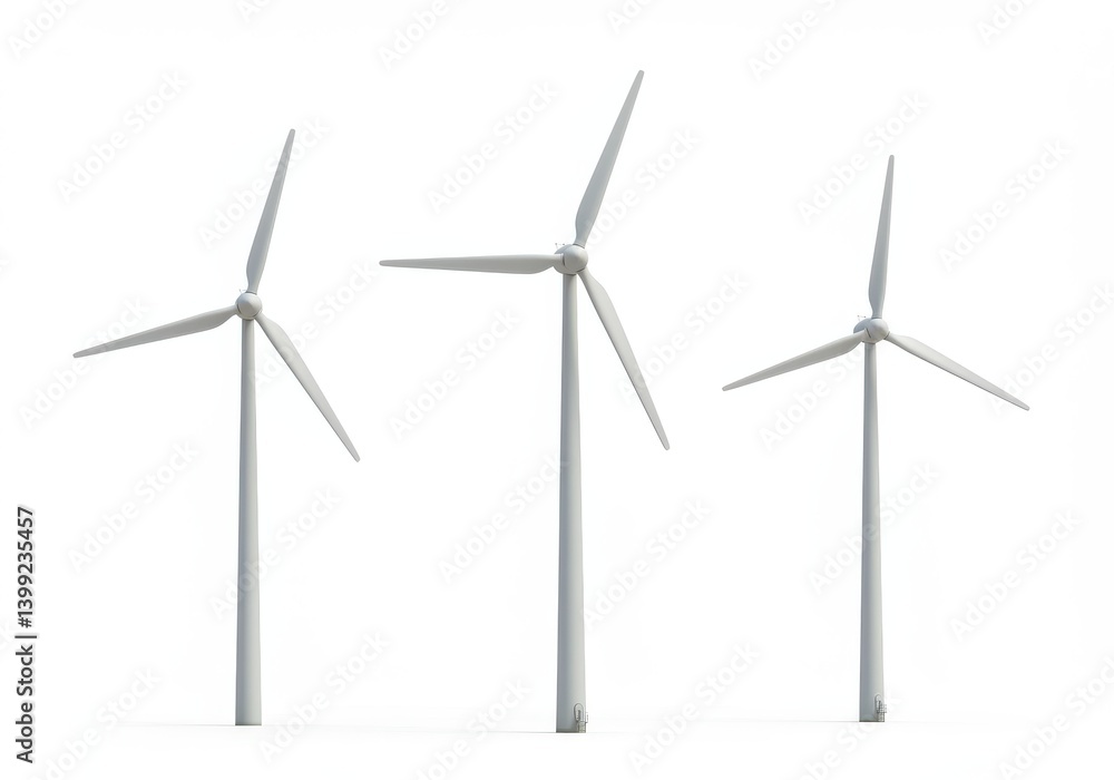 Three wind turbines standing against a plain white background in a clean and minimalist style image Three wind turbines standing against a plain white background in a clean and minimalist style image