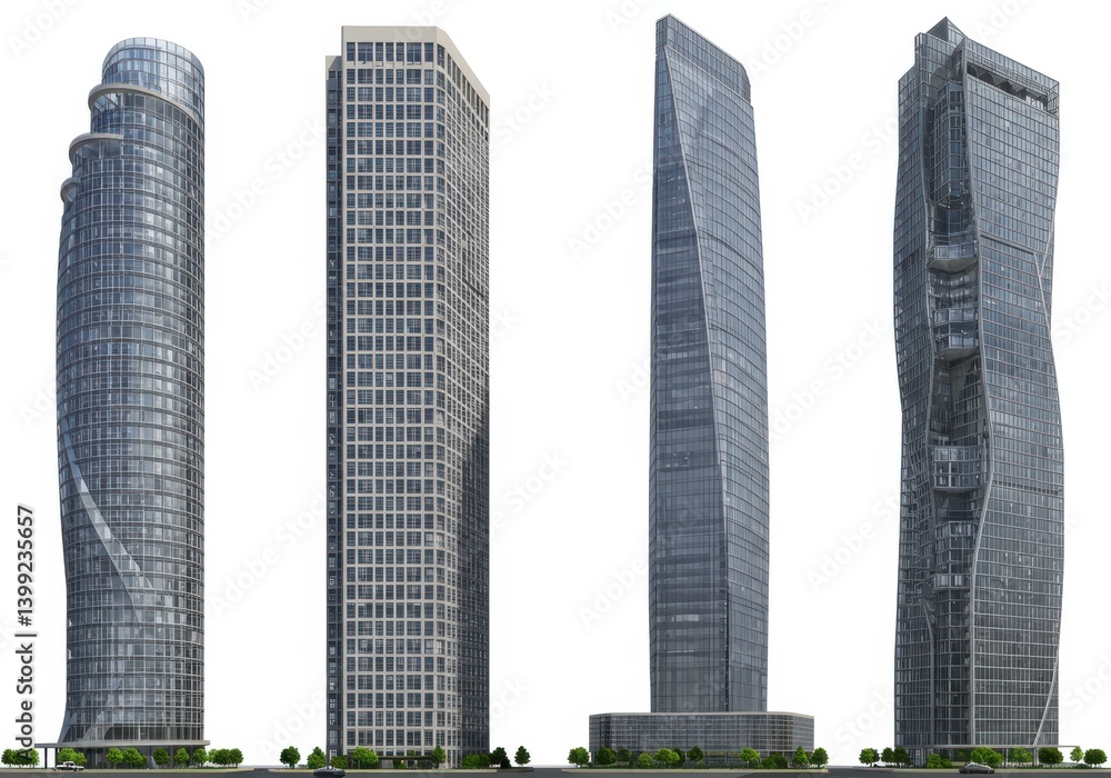 Naklejka premium Four modern skyscrapers with unique designs standing against a white isolated background view shot