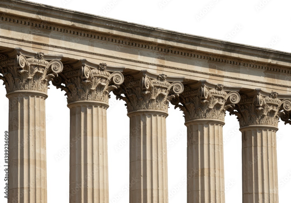 A close up view of several corinthian columns with detailed carvings against a white background