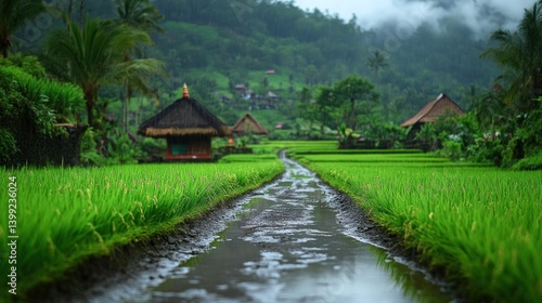 Wallpaper Mural Misty rice paddy path through village huts Torontodigital.ca