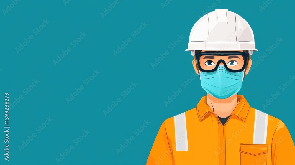 Construction Worker Wearing Safety Gear and Face Mask Illustration