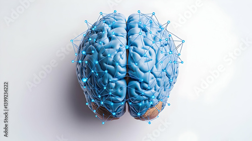 3D Rendered Human Brain with Light Blue Connectivity