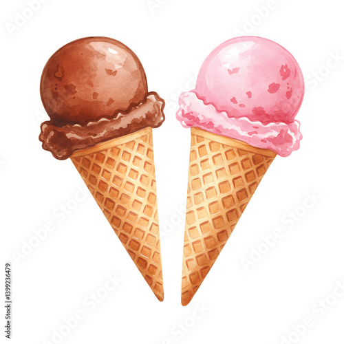Serving Two Scoops of Ice Cream in Cones Watercolor Painting