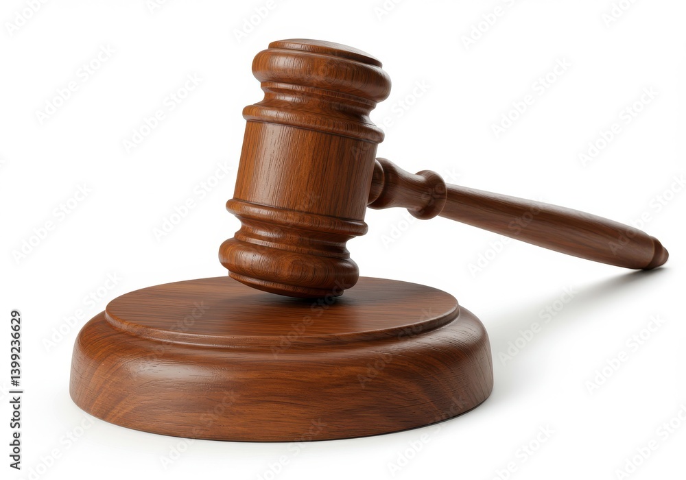 A wooden gavel resting on its sound block against a plain white studio style background in soft lighting A wooden gavel resting on its sound block against a plain white studio style background in soft lighting