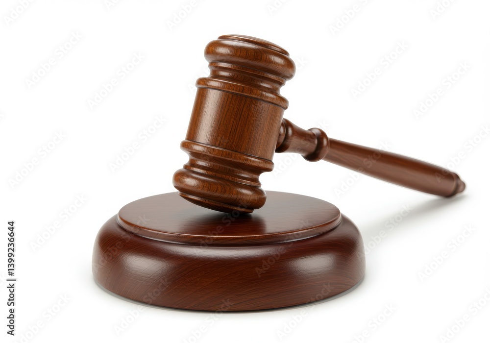 A brown wooden gavel resting on its sound block isolated against a white background in a studio shot A brown wooden gavel resting on its sound block isolated against a white background in a studio shot