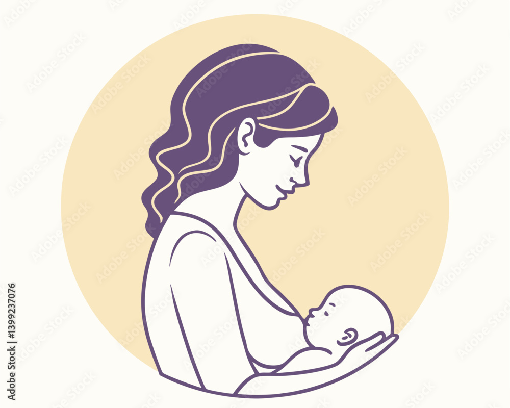 Mother Breastfeeding Baby . Purple Silhouette of Mother Holding Newborn Baby with Gentle Care. Mother Breastfeeding Baby . Purple Silhouette of Mother Holding Newborn Baby with Gentle Care.