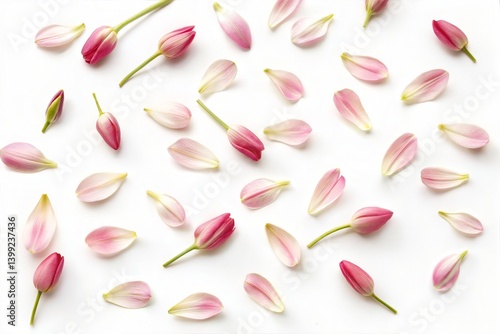Obraz na płótnie Pink tulips and petals on white background w salonie