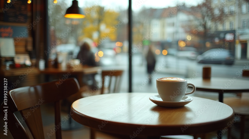 A white coffee cup sits on a table in a cafe. The scene is set in a busy city street with cars and pedestrians. The coffee cup is the main focus of the image, and it is a simple yet inviting scene A white coffee cup sits on a table in a cafe. The scene is set in a busy city street with cars and pedestrians. The coffee cup is the main focus of the image, and it is a simple yet inviting scene