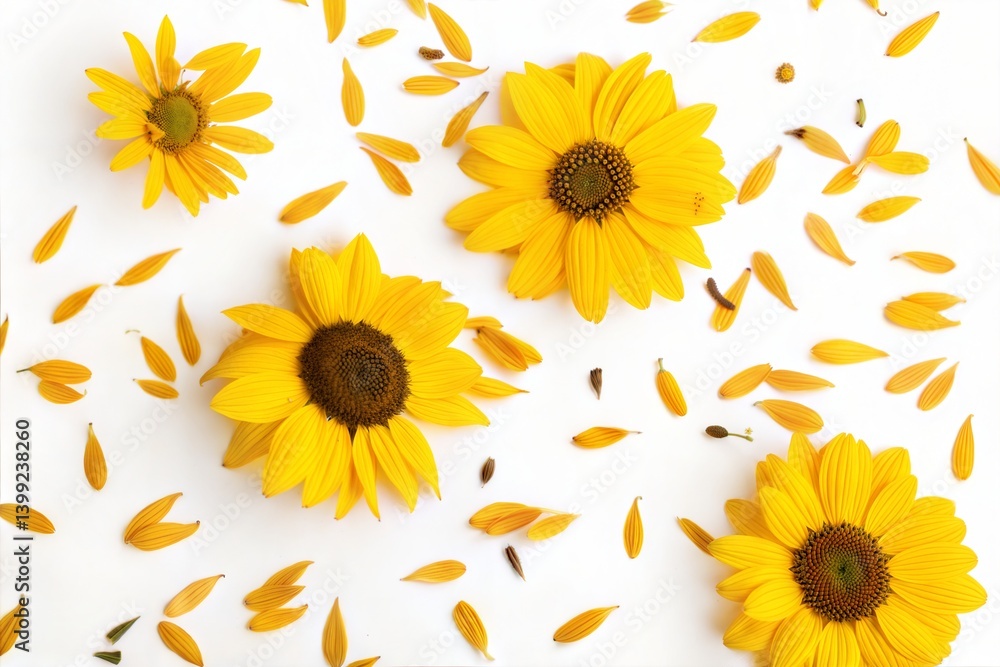 Yellow sunflowers and petals on white background