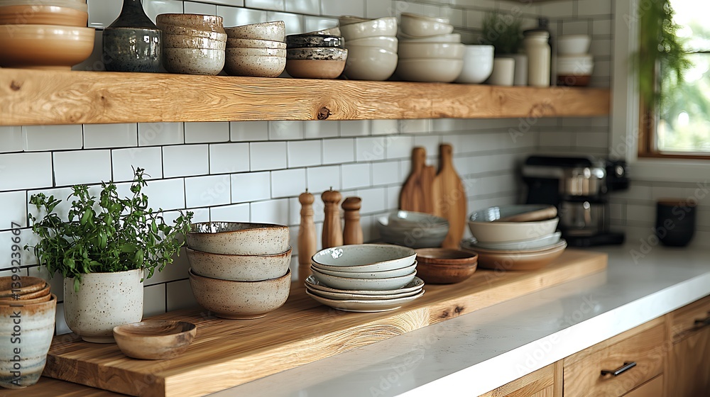 Rustic Kitchen Design Featuring Wooden Shelves Displaying Ceramic Bowls and Dishes with a Green Plant Accent. Rustic Kitchen Design Featuring Wooden Shelves Displaying Ceramic Bowls and Dishes with a Green Plant Accent.