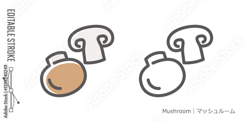 キノコのラインアイコンと色付きアイコンのセット｜マッシュルーム