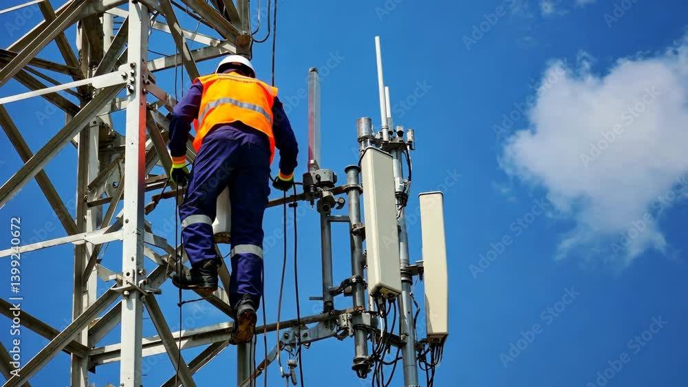 Network engineer secured with safety gear working on communication tower installing antennas at sunset for mobile signal coverage wireless infrastructure support cellular connectivity technology