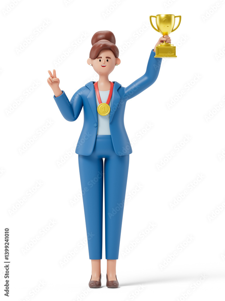 woman with a gold medal and trophy, symbolizing victory and achievement. 3D rendering, conceptual image. Isolated on white background. woman with a gold medal and trophy, symbolizing victory and achievement. 3D rendering, conceptual image. Isolated on white background.