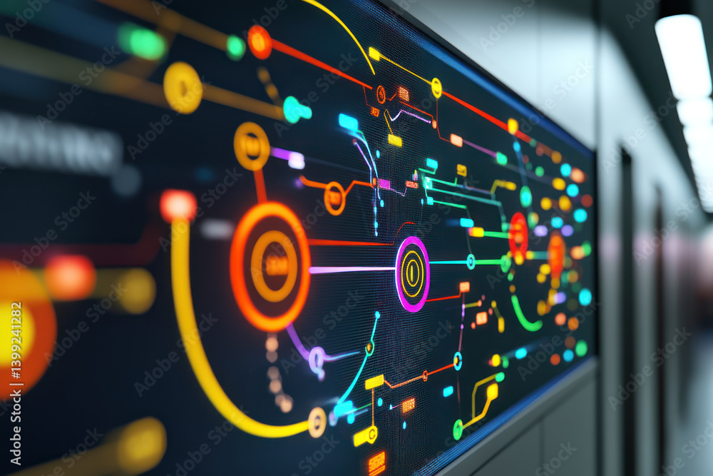 Obraz premium A vibrant digital interface showcasing interconnected data nodes and pathways, representing real time API REST network status