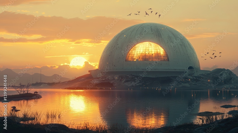 Obraz premium Dome structure on a serene lake at sunset. A futuristic, slightly dilapidated sphere rests on a reflective water surface. Birds fly in a serene sky