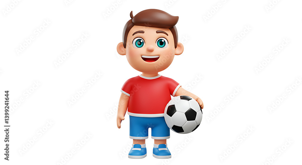 Cartoon boy, joyful, holding a soccer ball. Red shirt and blue shorts. Youthful energy and the love of the game in vivid detail. Cartoon boy, joyful, holding a soccer ball. Red shirt and blue shorts. Youthful energy and the love of the game in vivid detail.