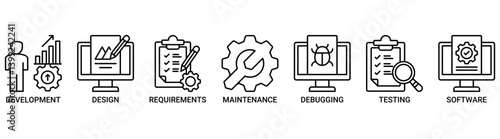 Agile icon set. Containing icon of development, design, requirement, maintenance, debugging, testing, software icons. Outline vector symbol background.