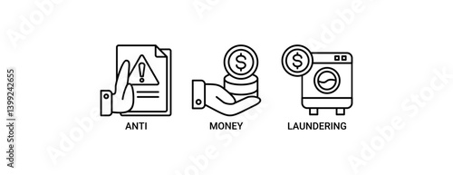 Anti money laundering icon set. Containing icon of bank, income, security, and washing icons. Outline vector symbol background.
