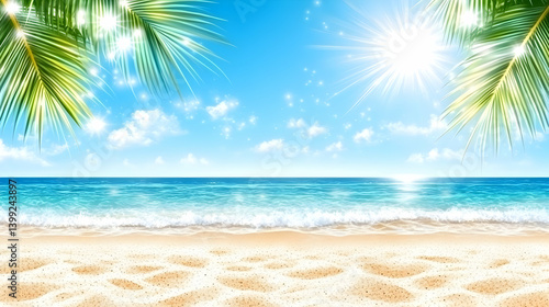 A stunningly realistic beach scene in 4K Ultra HD, with crystal clear turquoise waters, golden sands, and lush palm trees swaying in a gentle breeze, sunset over the ocean