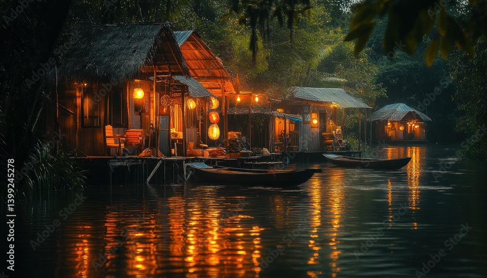 Obraz premium Idyllic river dwellings bathed in the gentle glow of lanterns at twilight