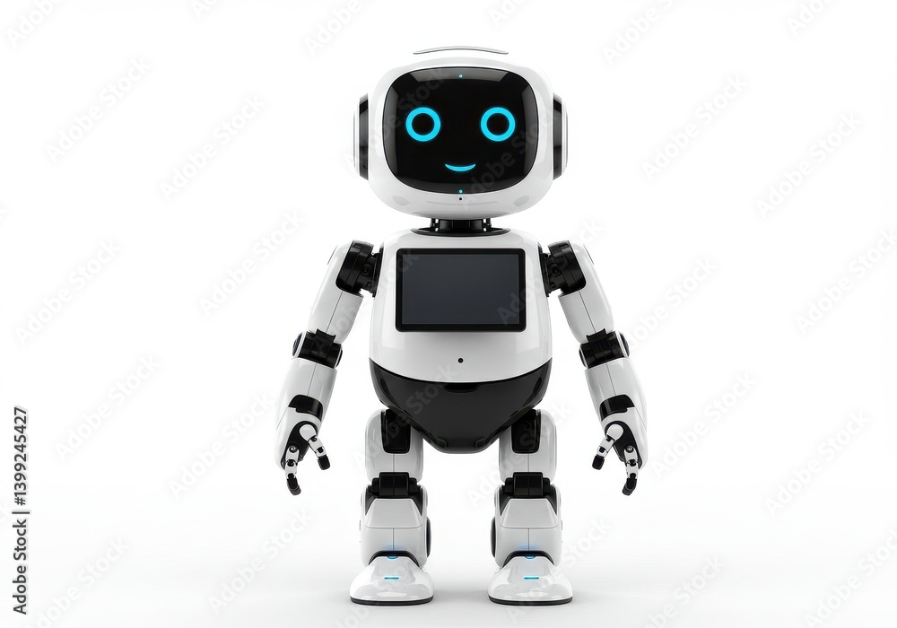 A friendly looking white and black robot standing on a white background with a smiling face display A friendly looking white and black robot standing on a white background with a smiling face display