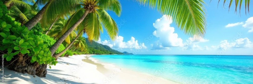 Obraz premium Lush palms, turquoise water, white sand beach, background, perspective