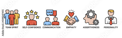 Soft-skills icon set. Containing icon of team spirit, self-confidence, communication, empathy, assertiveness, and personality icons. Outline color vector symbol background.