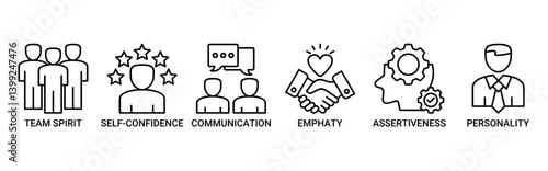Soft-skills icon set. Containing icon of team spirit, self-confidence, communication, empathy, assertiveness, and personality icons. Outline vector symbol background.