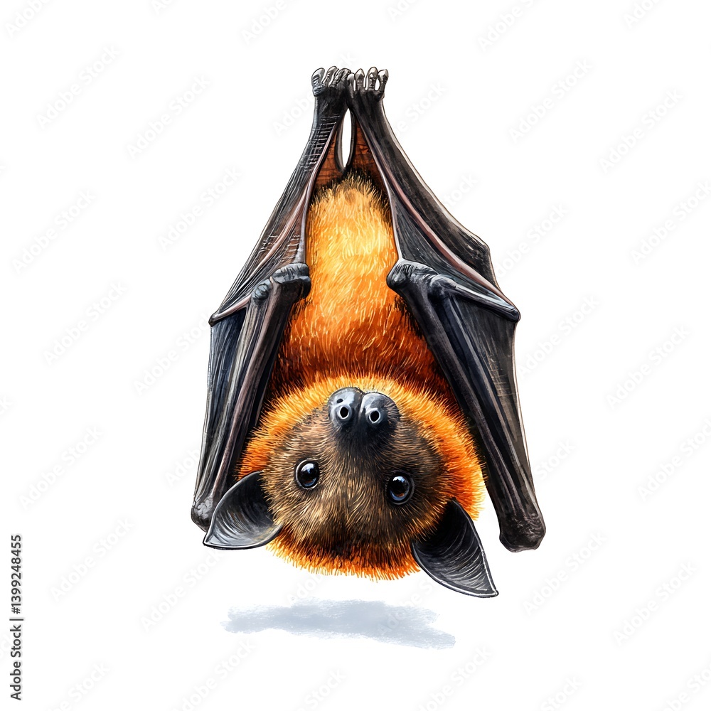 Naklejka premium Tiny bat hanging upside down cartoon