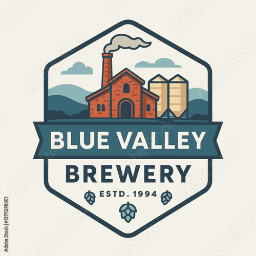 Vintage Brewery Logo with Building, Silos, and Hopped Decoration Vector