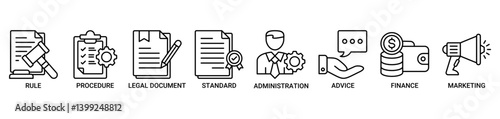Guideline icon set. Containing icon of rule, procedure, legal document, standard, administration, advice, finance, marketing icons. Outline color vector symbol background.