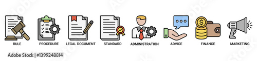 Guideline icon set. Containing icon of rule, procedure, legal document, standard, administration, advice, finance, marketing icons. Outline color vector symbol background.