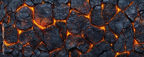 A close-up view of cracked volcanic rock, featuring glowing orange lava fissures that highlight the intense heat and geological activity beneath the surface.