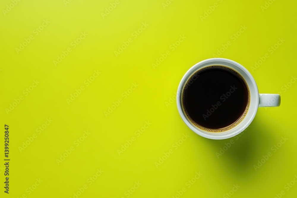 A white coffee cup filled with dark coffee on a vibrant lime green surface. A white coffee cup filled with dark coffee on a vibrant lime green surface.