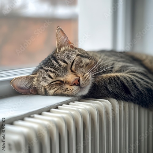 cat sleeping on home heating radiator. Modern clear light view --v 6.1 Job ID: b28540ec-36b4-415b-bb2d-a89be250eeb8