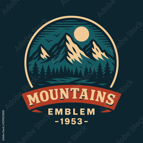 Foto Mountain Landscape Emblem Illustration with Pines and Snowy Peaks