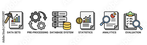 Data mining icon set. Containing icon of data sets, pre-processing, database systems, statistics, analytics and evaluation icons. Outline color vector symbol background.