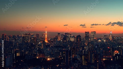 Wallpaper Mural Tokyo cityscape at sunset, showing skyscrapers, buildings, and the iconic tower. Torontodigital.ca