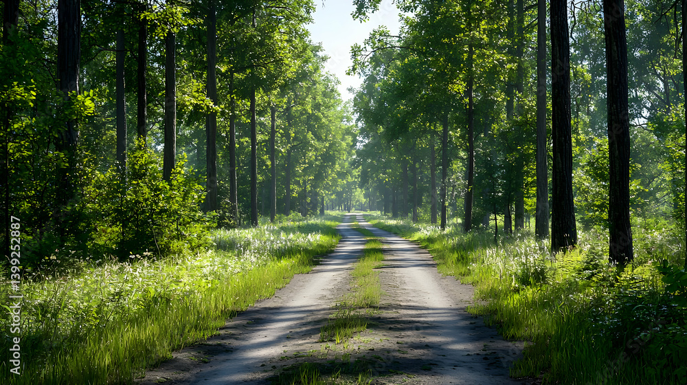 Fototapeta premium Sunlit Forest Pathway Through Green Trees