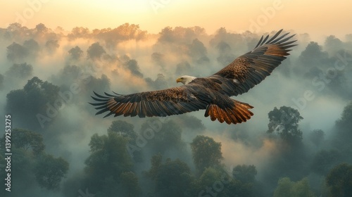 Majestic Eagle Soaring Above Misty Forest at Dawn