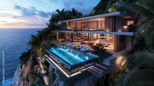 Modern luxury villa with infinity pool overlooking the ocean at sunset, aspirational travel and real estate concept for premium lifestyle visuals 