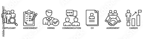 Job interview icon set. Containing icon of applicant, assessment, hiring, communication, cv, agreement and career icons. Outline vector symbol background.