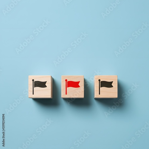 emotional abuse surfacing. Violation of one of the red flags. wooden blocks with flag icons, three white blocks, one red block, Trust violations, manipulation, Relationship problems. flat lay