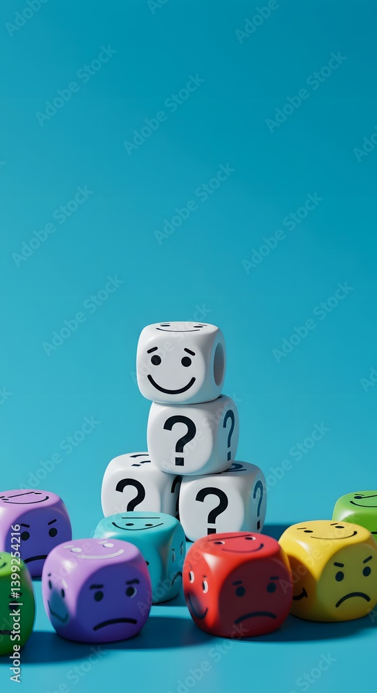 Pushing through exhaustion and challenges to achieve success.Colorful dice with emotions, Meets all conditions and criteria. Working hard to complete the work. check marks on white cubes