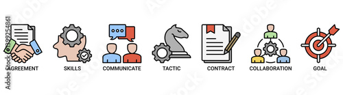 Negotiation icon set. Containing icon of skills, communicate, tactic, contract and goal icons. Outline color vector symbol background.