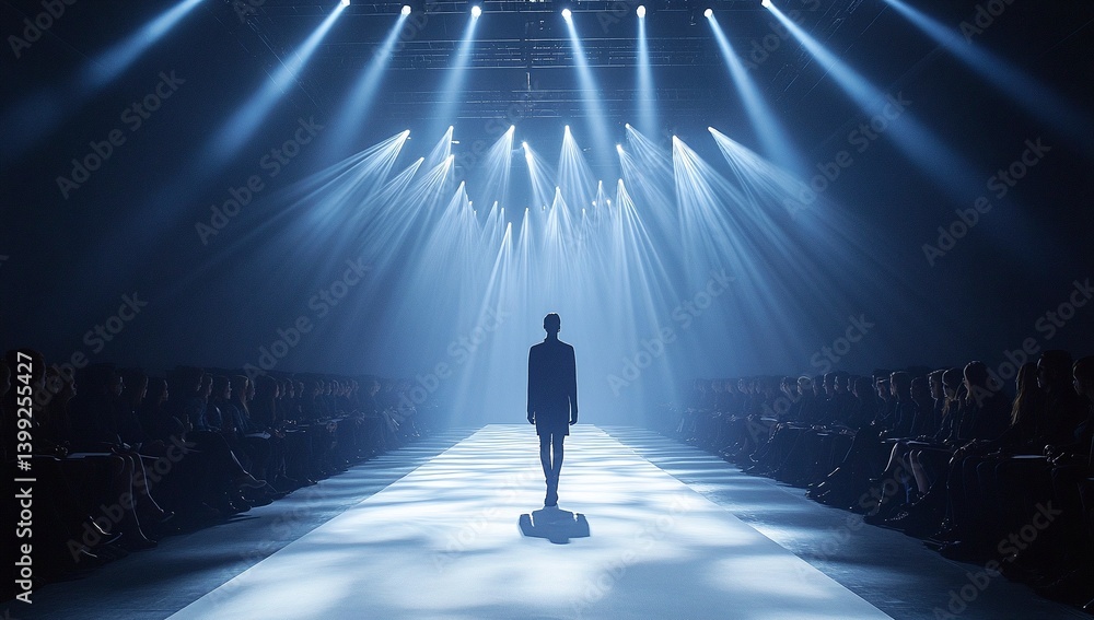 Obraz premium A lone model stands center stage, bathed in ethereal blue light, as the audience watches in the dimly lit runway show. A captivating moment of anticipation.