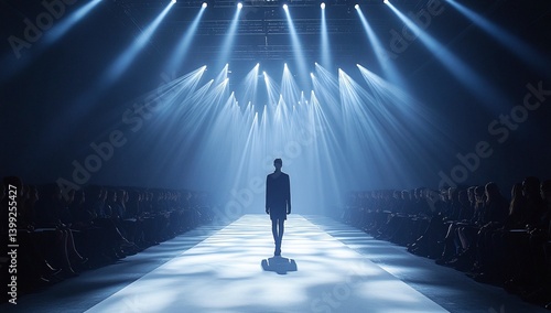Fototapeta Naklejka Na Ścianę i Meble -  A lone model stands center stage, bathed in ethereal blue light, as the audience watches in the dimly lit runway show.  A captivating moment of anticipation.