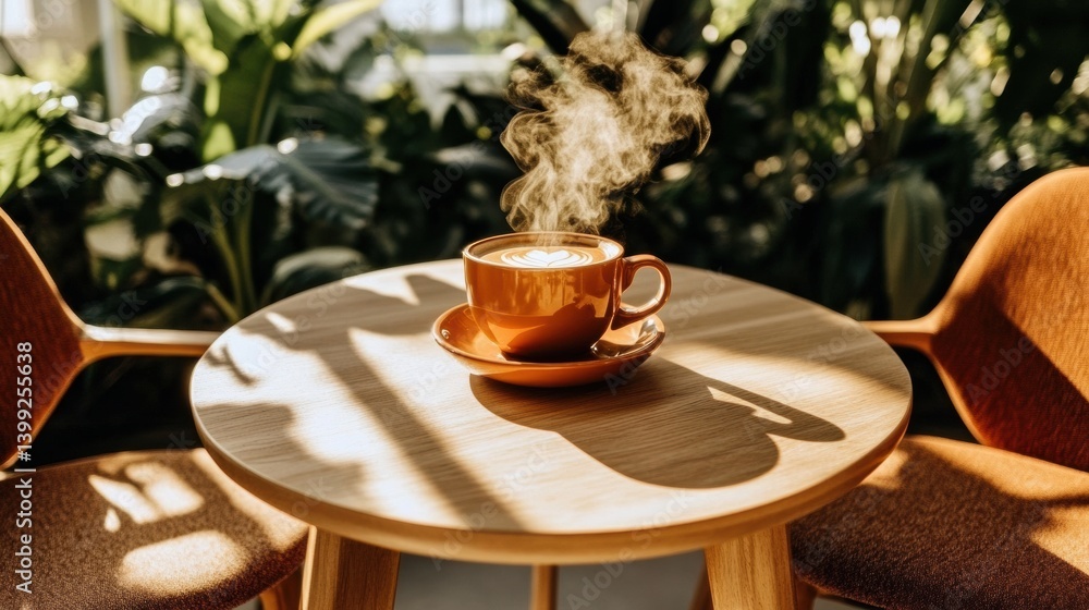Warm Coffee Steam Rising in Orange Mug on Wooden Table in Sunny Cafe Warm Coffee Steam Rising in Orange Mug on Wooden Table in Sunny Cafe