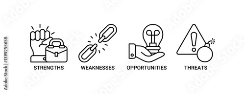 SWOT icon set. Containing icon of strengths, weaknesses, opportunities and threats icons. Outline vector symbol background.